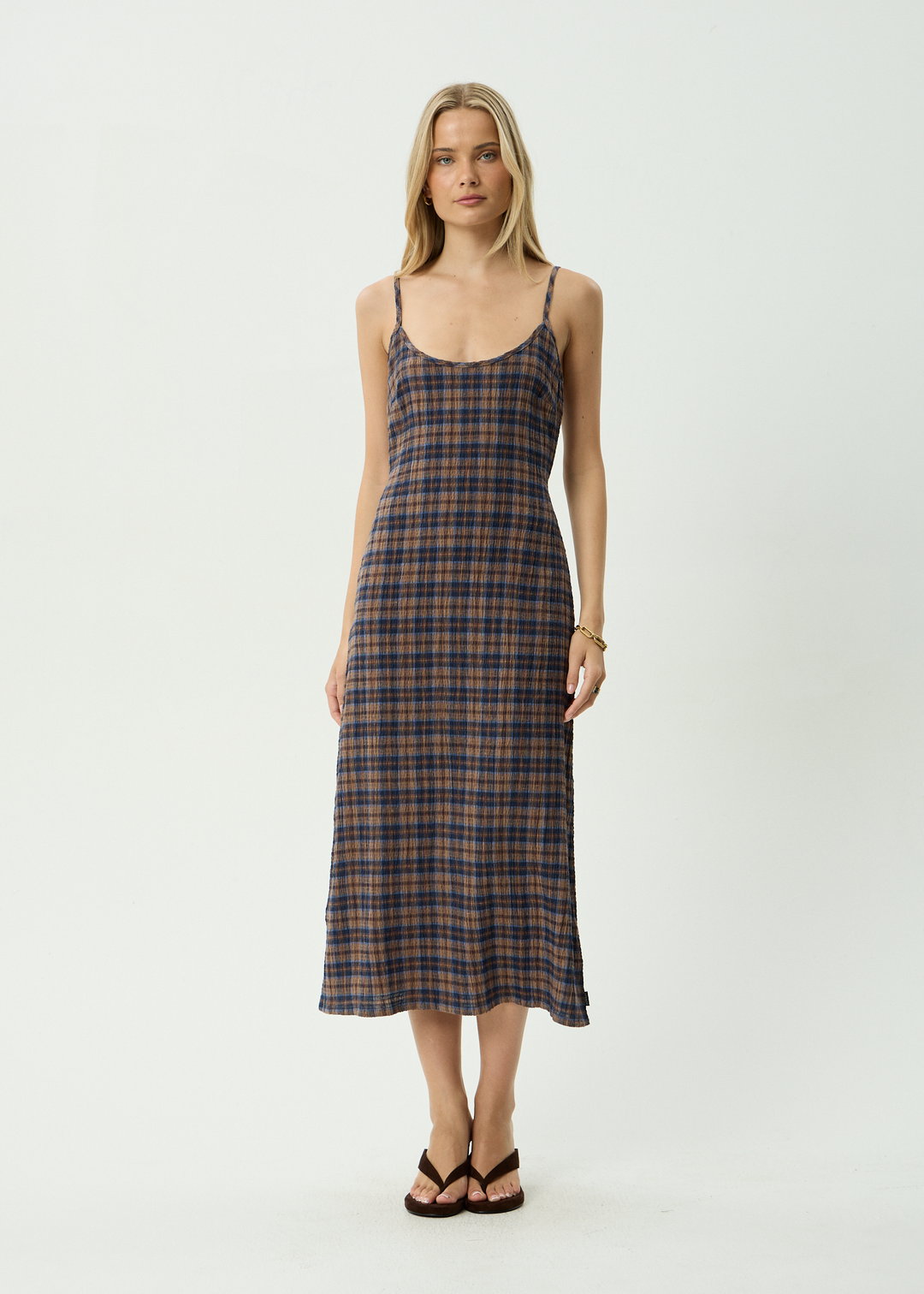 Afends Rumi - Seersucker Midi Dress - Shev Indigo Check
