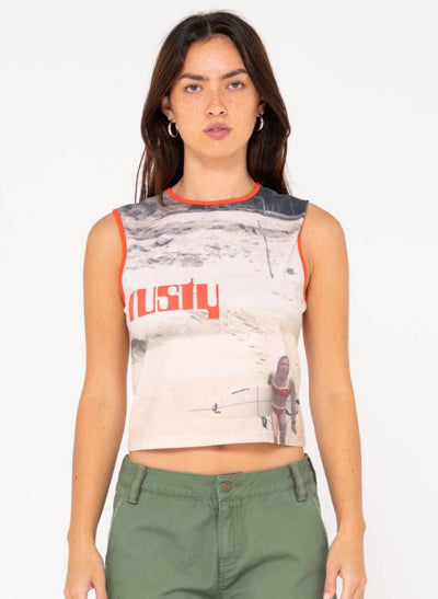 Rusty All Ova Slim Fit Sleeveless Skimmer Tank