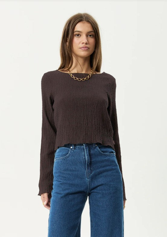 Afends Focus - Seersucker Long Sleeve Top - Coffee