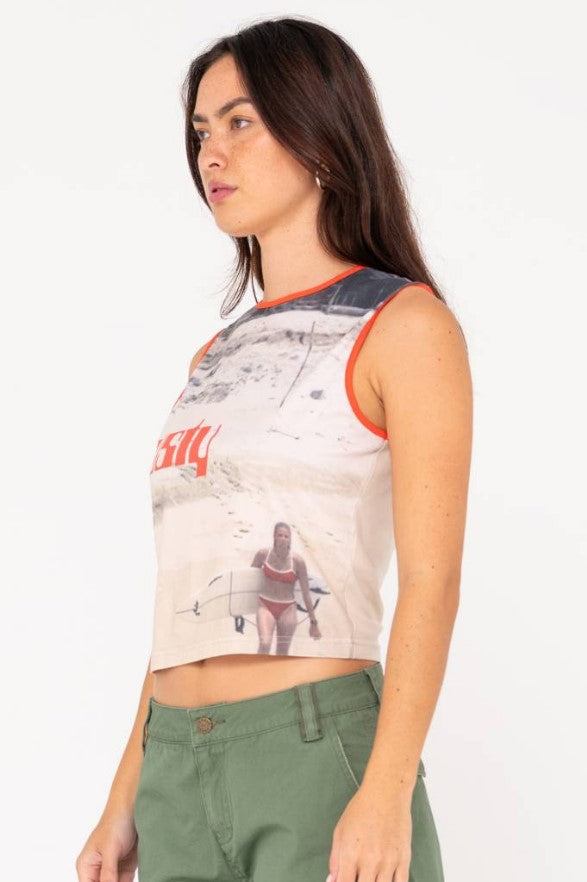 Rusty All Ova Slim Fit Sleeveless Skimmer Tank