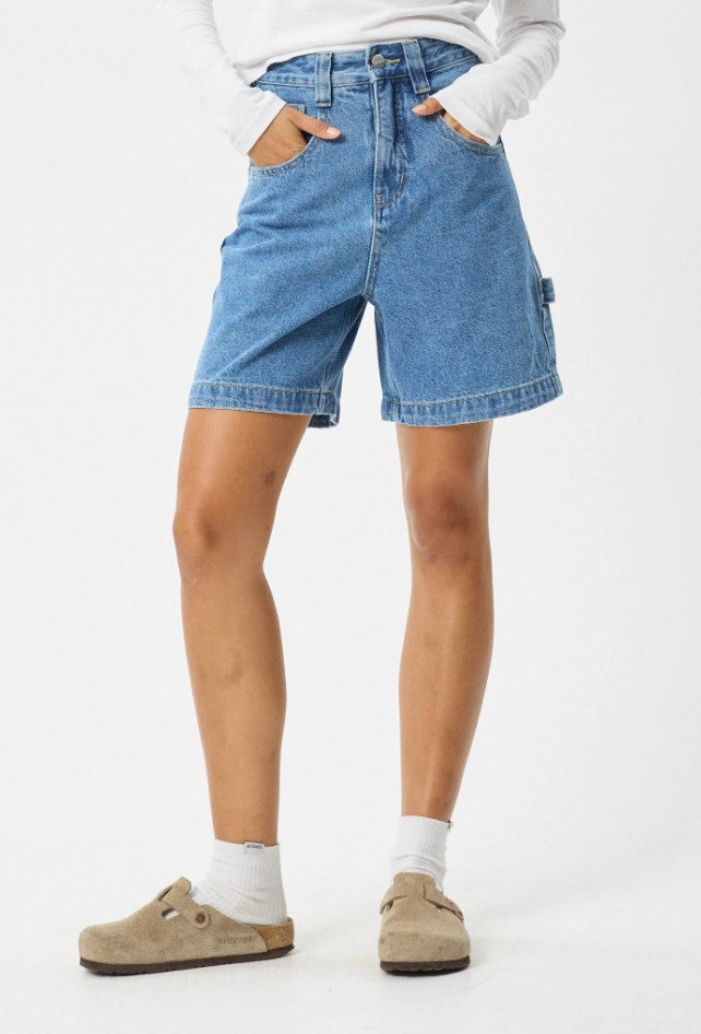 Afends Emilie  Denim Carpenter Shorts Worn Blue