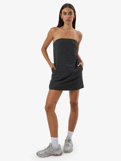 Thrills Colby Strapless Dress - Charcoal Pinstripe