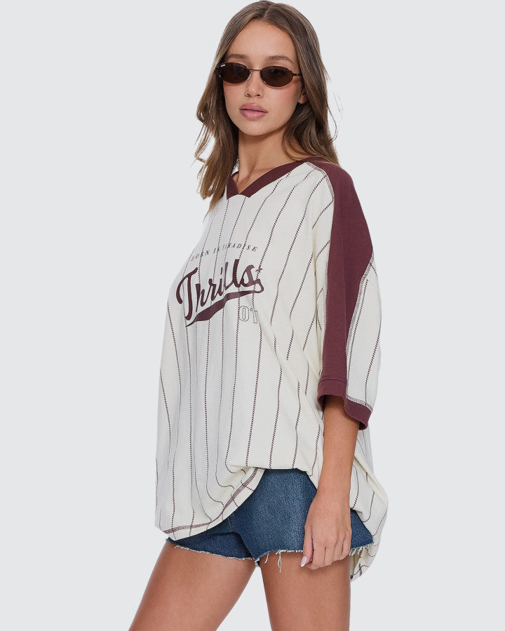 Thrills Baseline Stripe V-Neck Oversized Tee