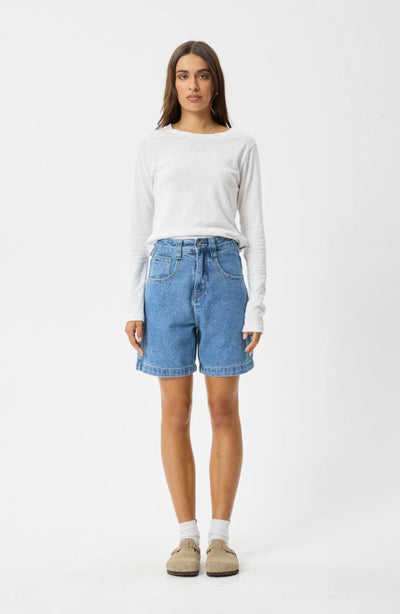 Afends Emilie  Denim Carpenter Shorts Worn Blue