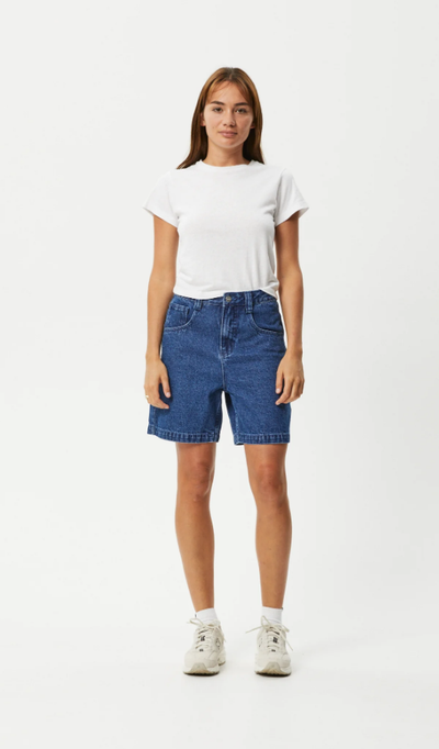 Afends Seventy Threes Organic Denim High Waisted Shorts Authentic Blue